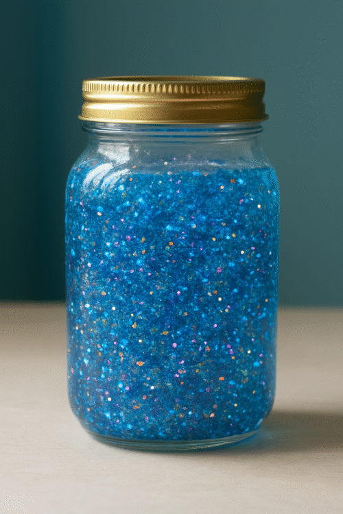 A glitter jar filled with blue glitter.